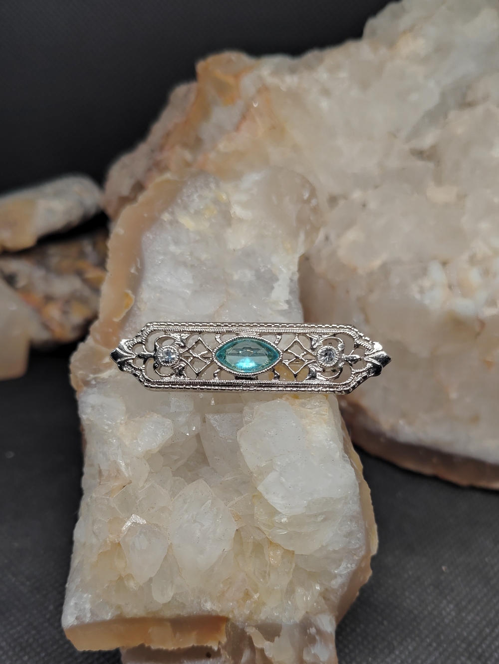 1928 Silver-Tone Brooch with Teal Marquise Stone